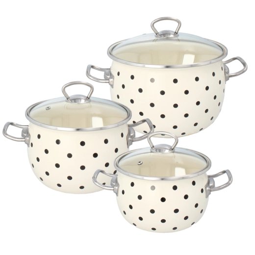 Set of 3 enamel pots with lids, white polka dots, 2.5 L, 3.5 L, 5 L