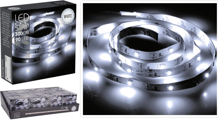 LED-Streifen 3 m mit Kaltweiß, 90 LEDs, batteriebetrieben