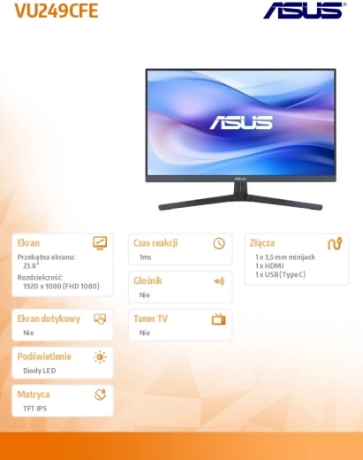 24" monitor ASUS VU249CFE-B IPS 100 Hz with USB‑C