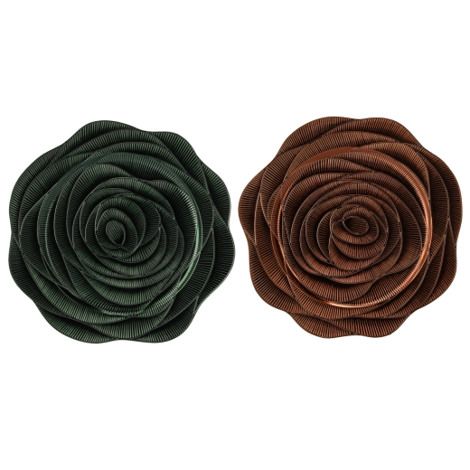 Round charger plate with rose-pattern décor in green and copper - set of 6 pcs