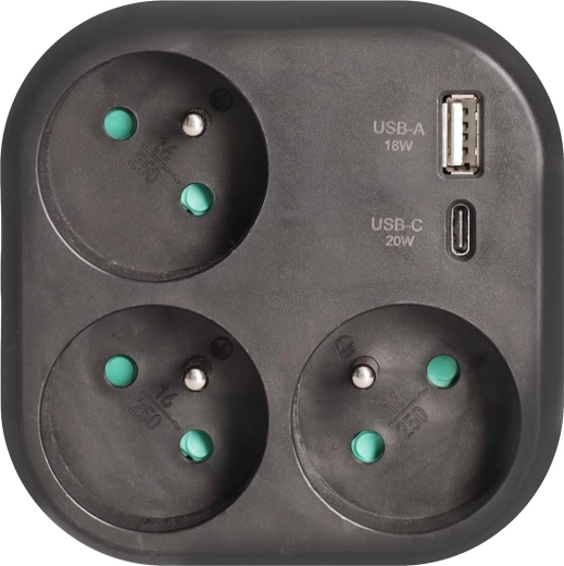 Solight stekkerdoos met 3 stopcontacten en snellader USB-A/USB-C 20 W PD, zwart