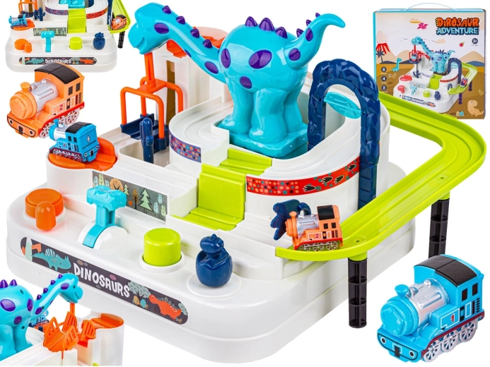 Interactive dinosaur obstacle track with vehicles