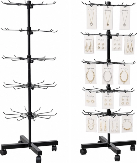Rotating retail display stand with hooks on wheels, 5 tiers, black 40 × 150 cm