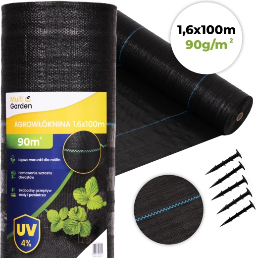 UV-bestendige mulch-agrotextiel 90 g/m² 1,6×100 m met pinnen, MultiGarden