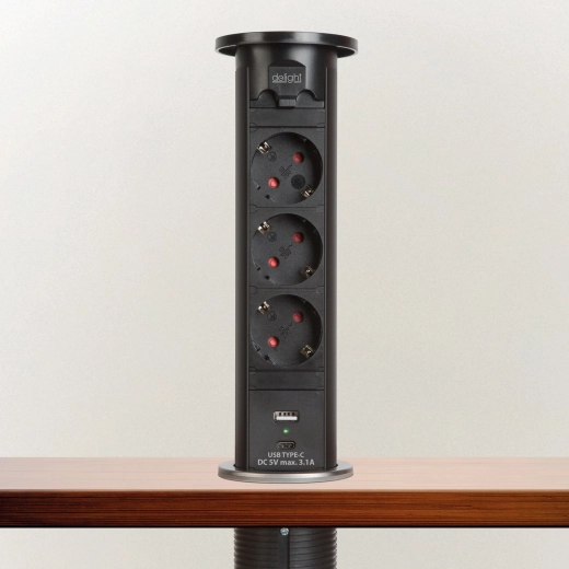Motorized pop-up power socket strip for desks, black