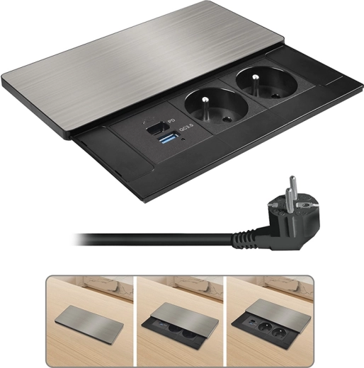 Solight recessed socket block with sliding cover, 2× 230 V, USB-A + USB-C 20 W PD, 2 m, silver