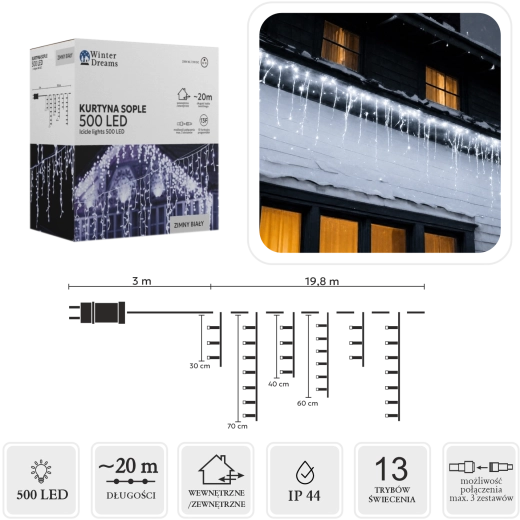 LED icicle light curtain, 500 LEDs, cool white, 20 m