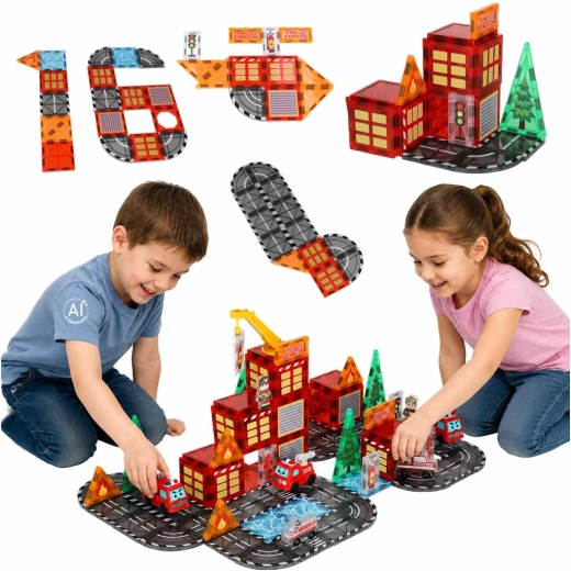 Magnetic construction 3D blocks – fire station, 92 pieces