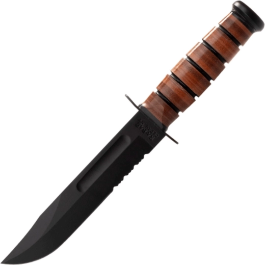 KA-BAR USMC tactical knife with serrated edge, leather handle and sheath