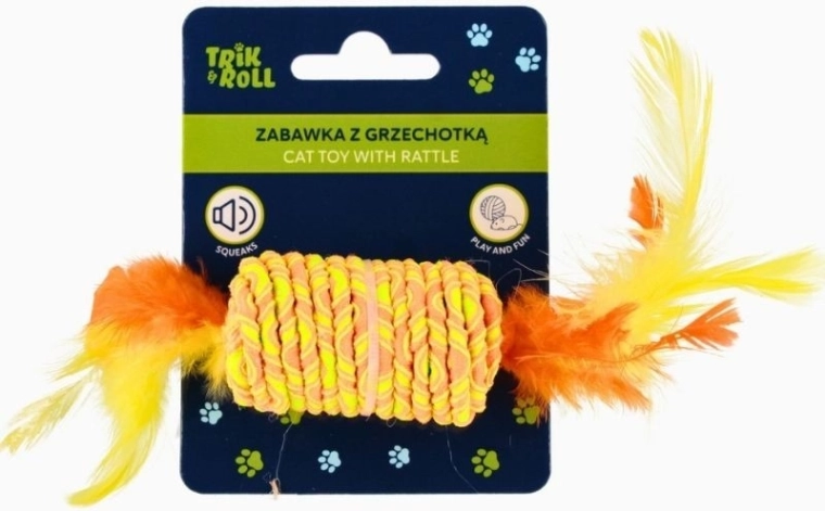 Cat rattle toy with feathers