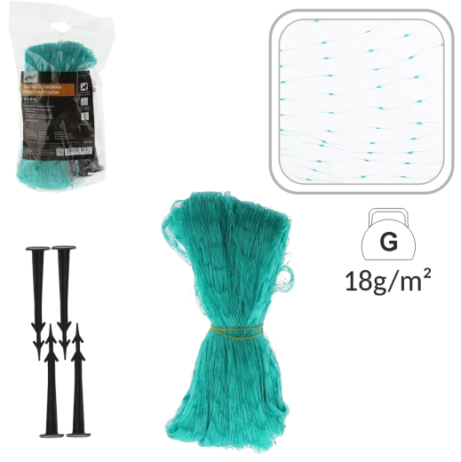 Filet de protection anti-oiseaux 4 × 5 m, vert, 5 g/m² + 6 piquets d’ancrage