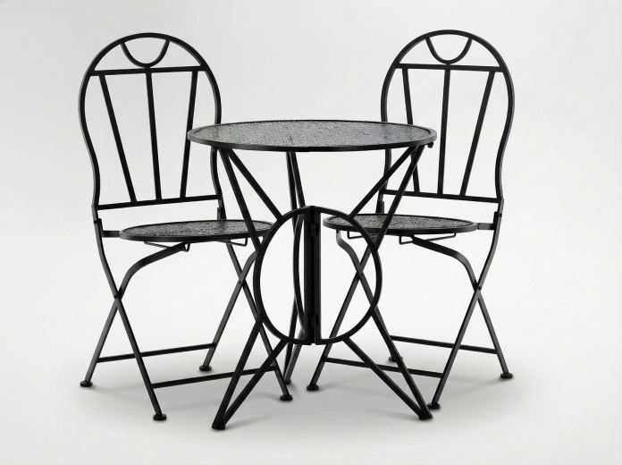 Metalen bistroset SUSAN – tafel en 2 opklapbare stoelen, zwart vintage