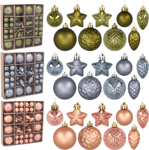 Set of 60 Christmas ornaments in olive, copper, and graphite