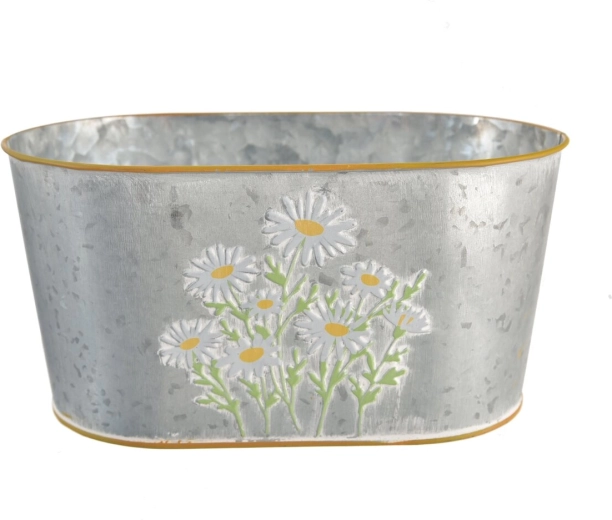 Grey metal planter with daisy motif