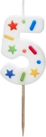 Verjaardagskaars cijfer 5 wit met confetti 5,5 cm