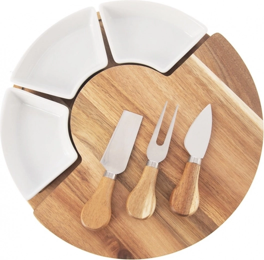 Plateau à fromage rotatif en acacia avec 3 bols et 3 couteaux, set de 7 pièces