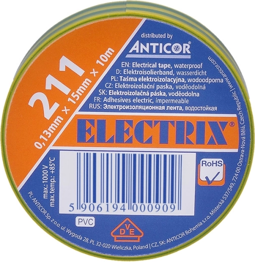 Solight elektrische isolatietape 15 mm x 0,13 mm x 10 m geelgroen