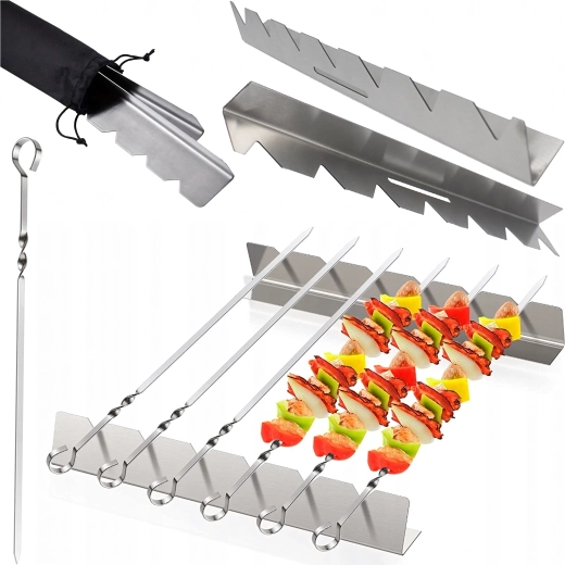 Set of 6 stainless steel skewers for grill with stand and case