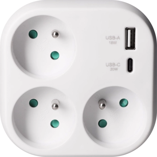 Solight verdeeladapter met 3 stopcontacten en 20 W PD-snelladen via USB, wit