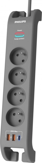 Surge-protected extension cord 2 m, 4 outlets, 1× USB‑C, 2× USB‑A, PD 20 W / QC 18 W, 2400 J – Philips