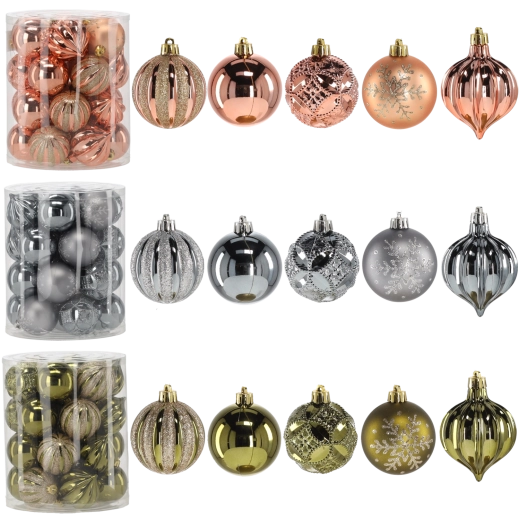 Set kerstballen 6 cm – olijfgroen, koper en grafiet, 26 stuks