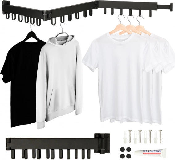 Wandgemonteerde inklapbare telescopische wasdroger, zwart, 123 cm, 18 haken