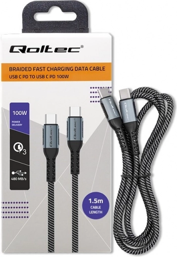 Braided USB‑C to USB‑C Cable 100 W, 1.5 m – QOLTEC