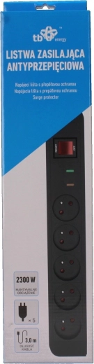 Energy surge-protected power strip with 5 sockets and a 3 m cable