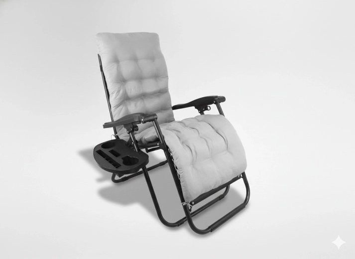 Folding garden lounger with pad and side table, black with gray cushion