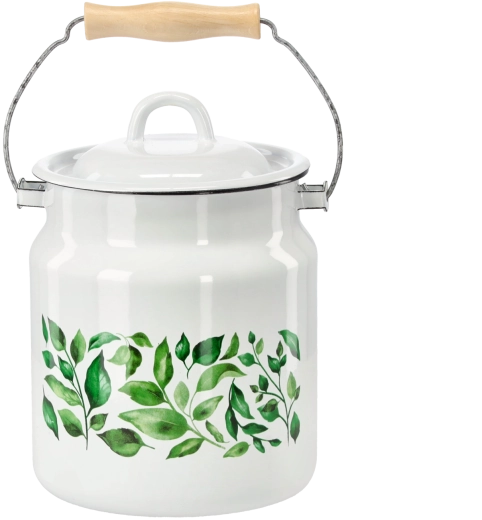 Enamel Milk Jug 3.3 L with Wooden Handle, White with Ficus Motif