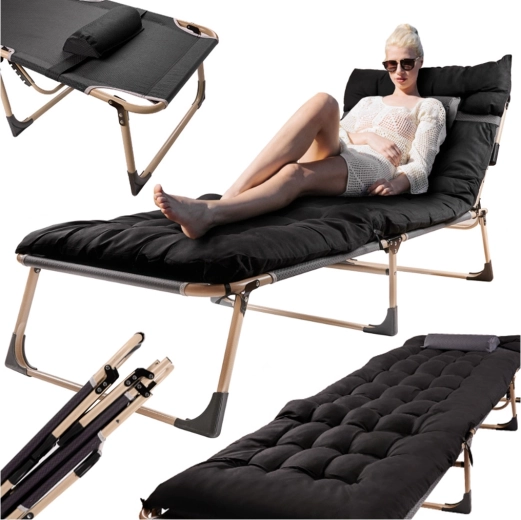 Folding LUARO camping cot with mattress, 193 cm, black