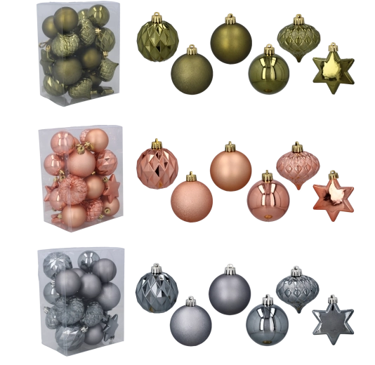 Set van 23 kerstballen in olijf-, koper- en grafietkleur