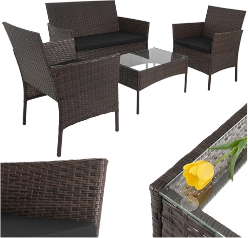 Salon de jardin en technorattan marron Gardlov avec table en verre et coussins