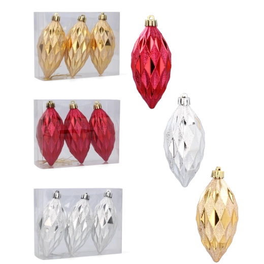 Set d’ornements de Noël allongés 10 cm – rouge, or et argent, collection Tradition