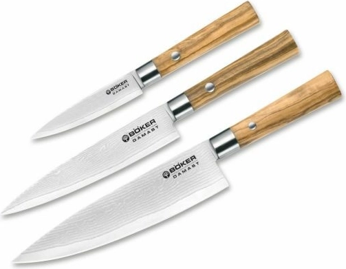 Set de 3 couteaux de cuisine en acier damas avec manche en bois d’olivier – Böker Manufaktur Solingen
