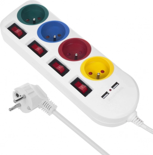 Power strip with individual switches and 4 sockets + 2x USB Maclean Energy white