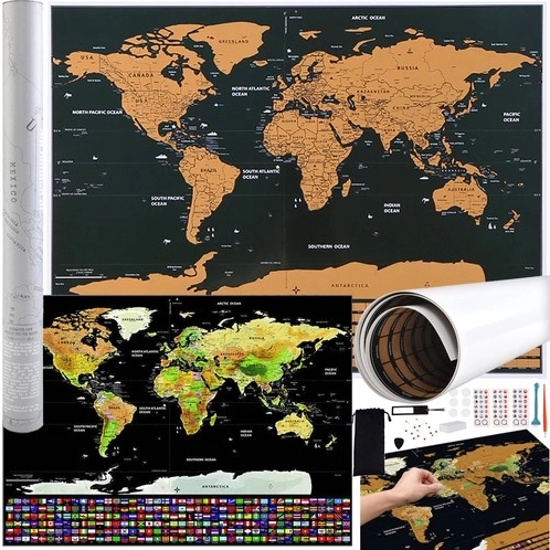 Carte du monde à gratter avec drapeaux et accessoires