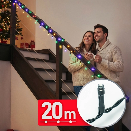 Guirlande lumineuse LED multicolore de 20 m, 400 LED avec câble vert