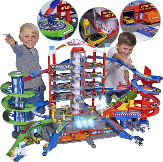 Large Garage Set Super City 7 Levels with 6 Cars and a Locomotive with Lights and Sounds