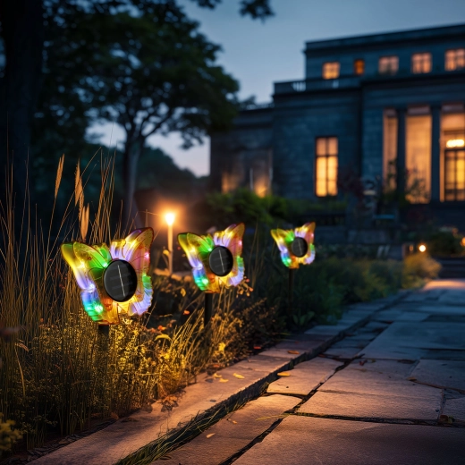 Zonne-energie tuinlamp met grondpen in de vorm van een gele vlinder met LED