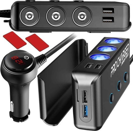 Autostekker-splitter 200 W met 3 stopcontacten en 4× USB (QC 3.0 + PD) met digitale voltmeter - 1 stuk