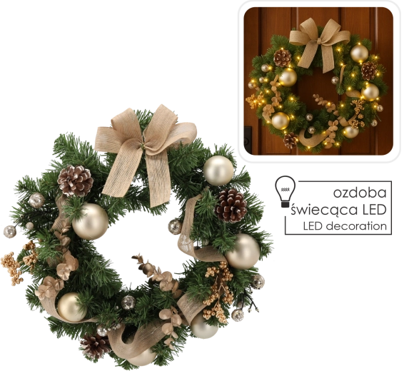 Christmas wreath with 15 LEDs, 40 cm, gold