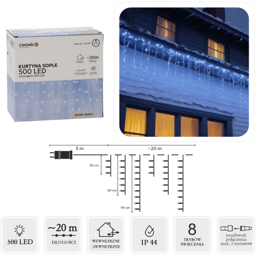 Icicle curtain lights 500 LED cool white 23 m