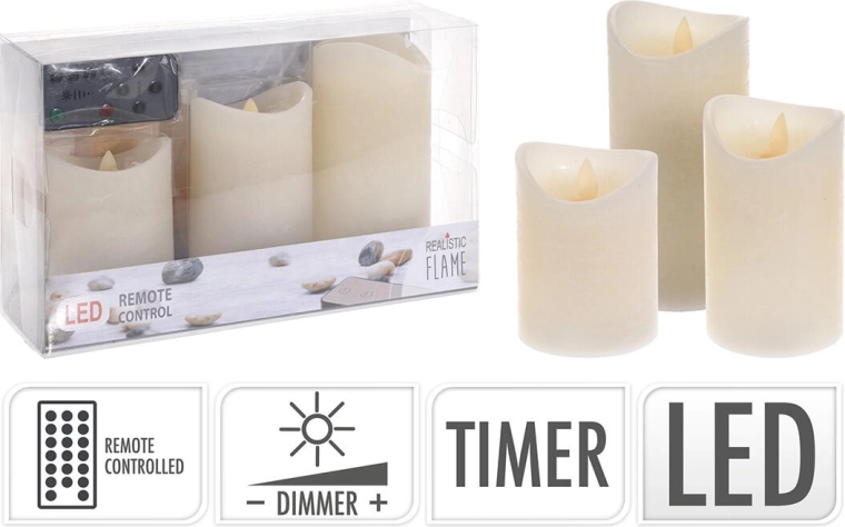 Set aus LED-Kerzen mit Fernbedienung und Timer, Elfenbein (3 Stk.)