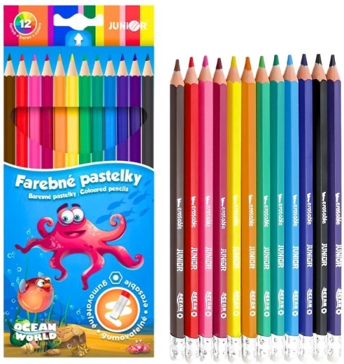 Erasable hexagonal colored pencils Junior Ocean World, set of 12 pcs