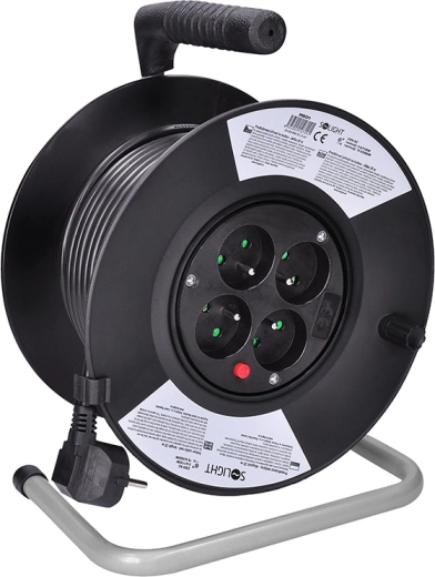 Solight verlengsnoer op haspel met 4 stopcontacten, 25 m, zwarte kabel