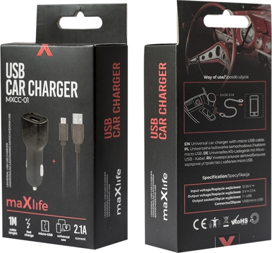 Maxlife car charger 2.1 A with microUSB, black