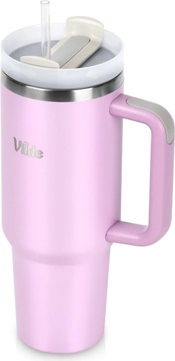 Mug isotherme en inox rose avec poignée 1,2 l