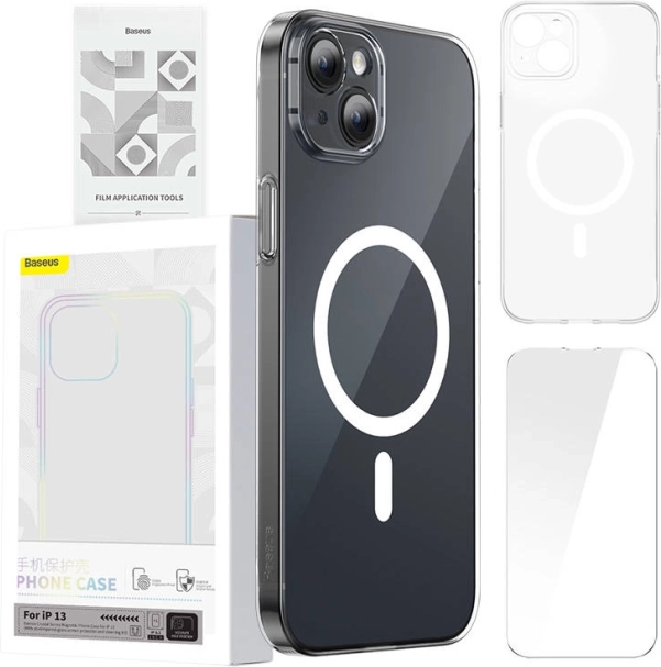 Baseus Magnetic Crystal Clear case for iPhone 13 with tempered glass and cleaning kit