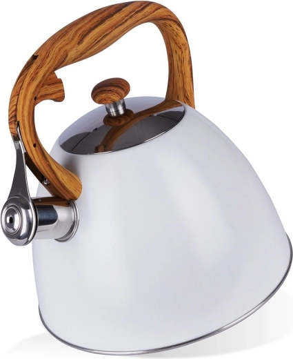 Bouilloire en acier inoxydable à sifflet WOODEN, blanche, 3 l